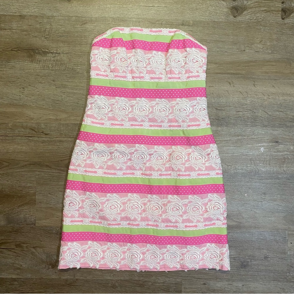 Lilly Pulitzer pink, green, white lace strapless dress
